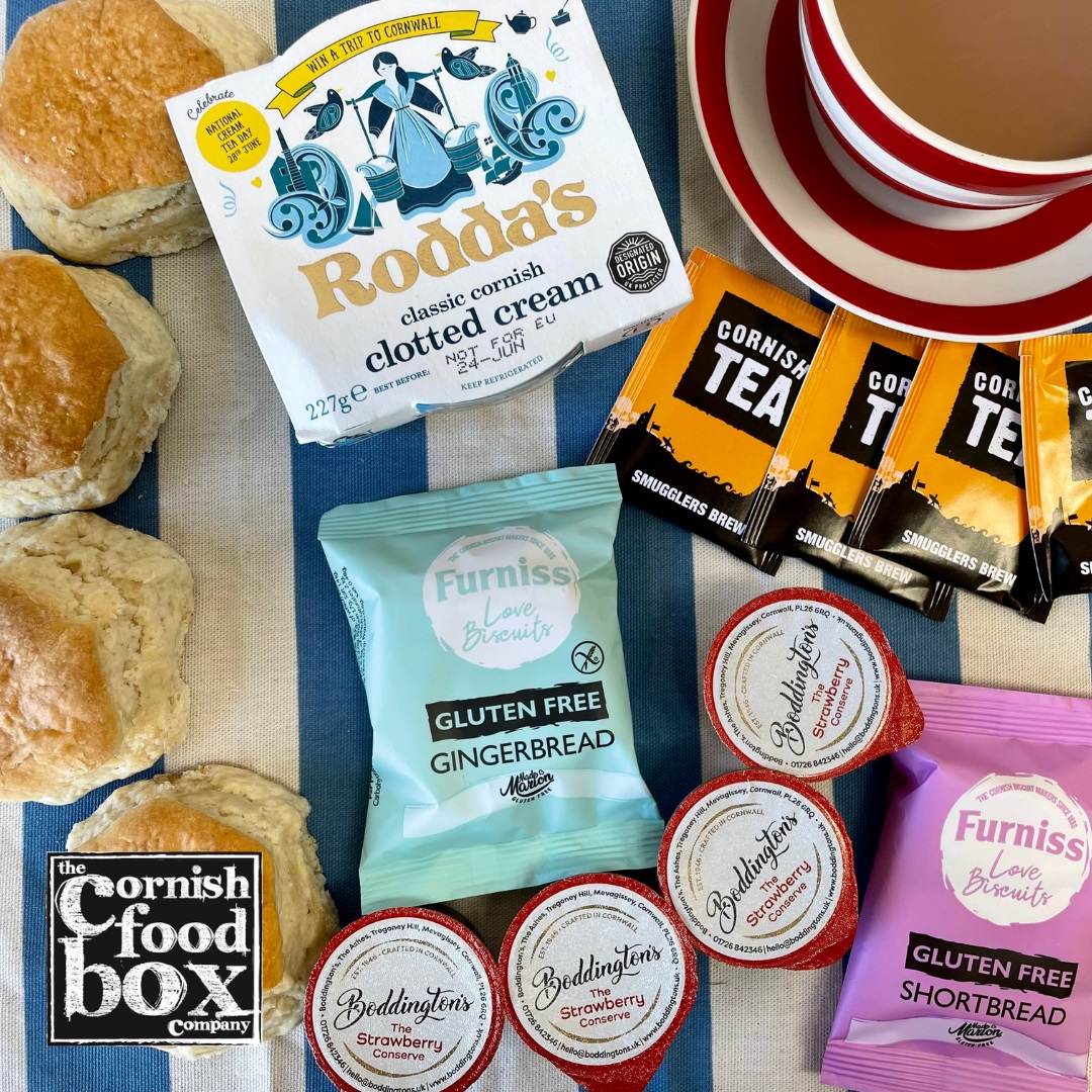 Our gluten free Cornish Cream Tea Gift Set featuring freshly baked scones, Rodda’s Cornish clotted cream, Boddington’s strawberry jam, Cornish tea bags, and shortbread biscuits, elegantly presented in a gift box. Free from food.