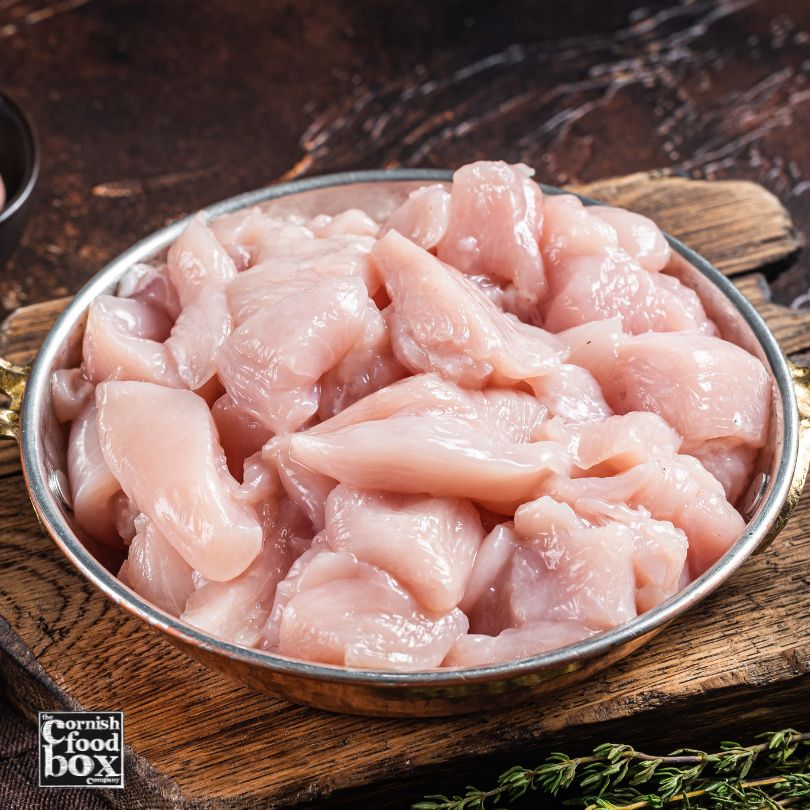 Cornish free range pasture-fed diced chicken thigh meat – hand-trimmed and vacuum packed, ideal for curries and stews