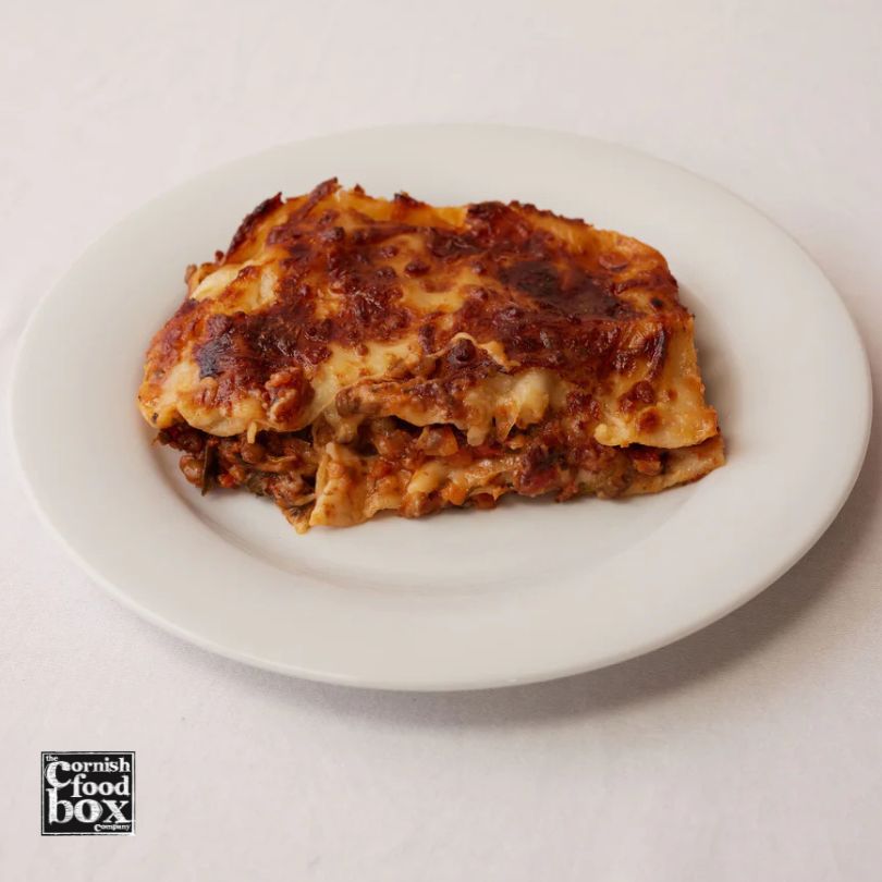 Homemade Cornish vegetarian lasagne with roasted vegetables, tomato sauce, and creamy béchamel